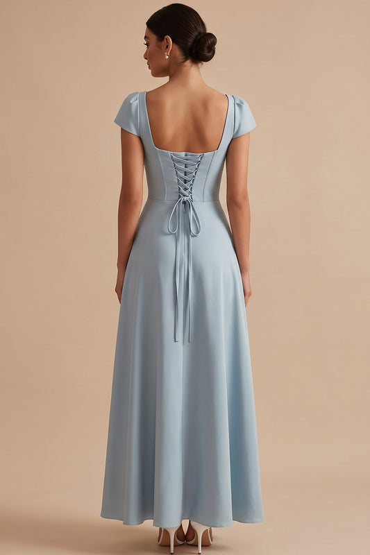 Simple Dusty Blue A-Line Square Neck Cap Sleeves Long Wedding Guest Dress