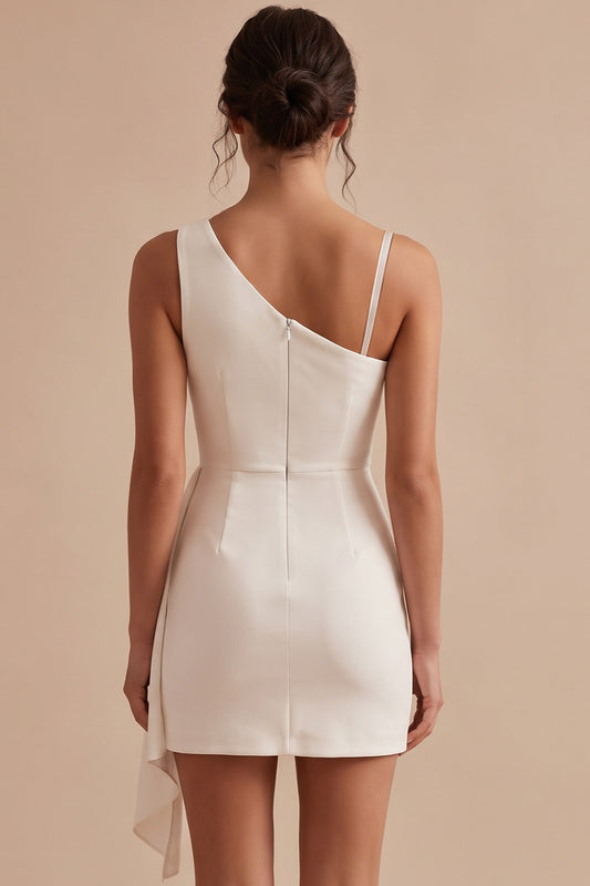 White Tight Asymmetrical Neck Ruched Short Graduation Dress with Sash