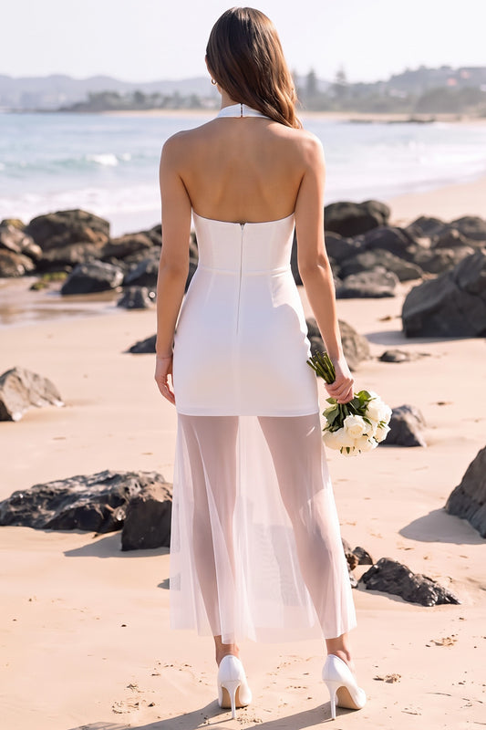 Simple White Tulle Halter Bodycon Backless Midi Beach Wedding Dress