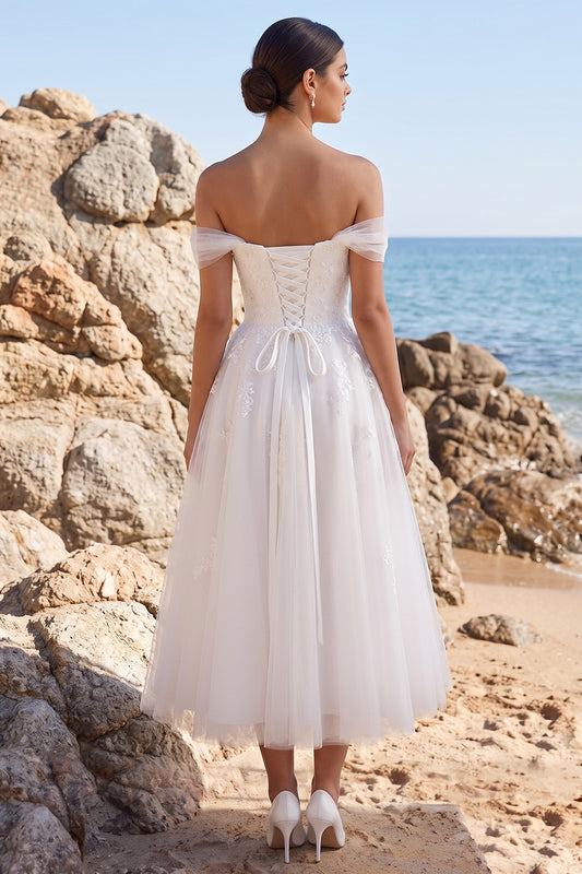 White A-Line Off the Shoulder Floral Tulle Midi Beach Wedding Dress