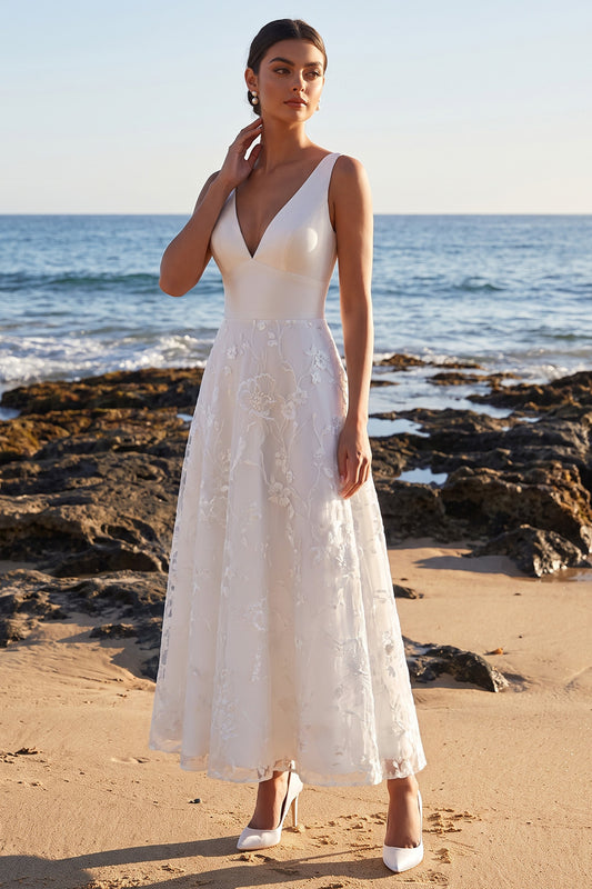 White A-Line V-Neck Floral Lace-Up Back Long Wedding Dress