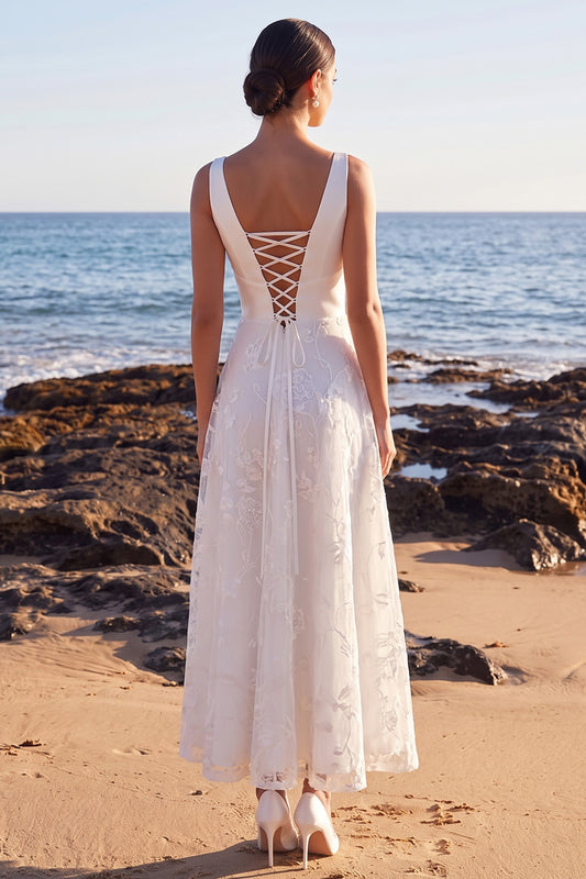White A-Line V-Neck Floral Lace-Up Back Long Wedding Dress