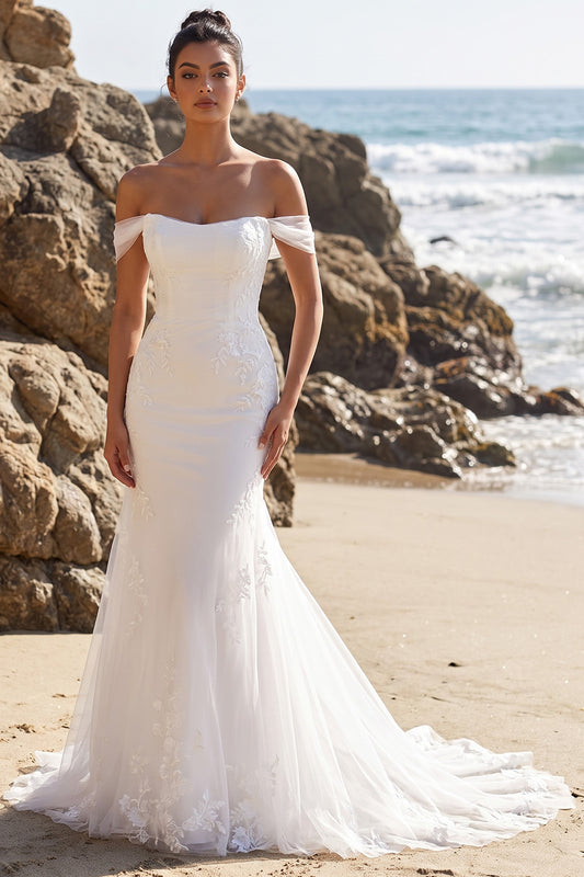 White Mermaid Appliqued Sweep Train Tulle Beach Wedding Dress