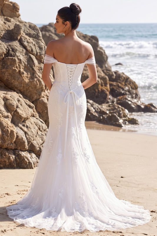White Mermaid Appliqued Sweep Train Tulle Beach Wedding Dress