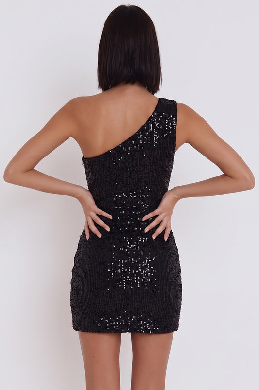 Sparkly Black Tight Keyhole One Shoulder Sequins Short Homecoming Dress