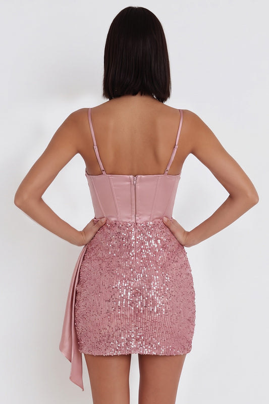 Sparkly Pink Corset Satin Tight Ruched Sequin Short Homecoming Dress with Sash