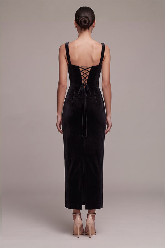 Black Sheath Beaded Velvet Long Velvet Holiday Party Dress with Slit
