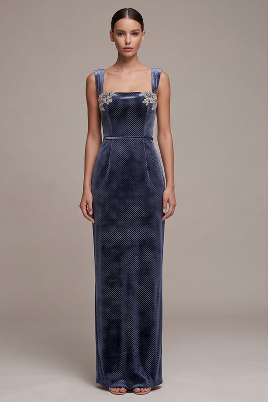 Sparkly Dusty Blue Floral Sheath Beaded Long Velvet Holiday Party Dress with Slit