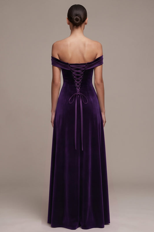 Simple Plum A-Line Off the Shoulder Long Velvet Holiday Party Dress