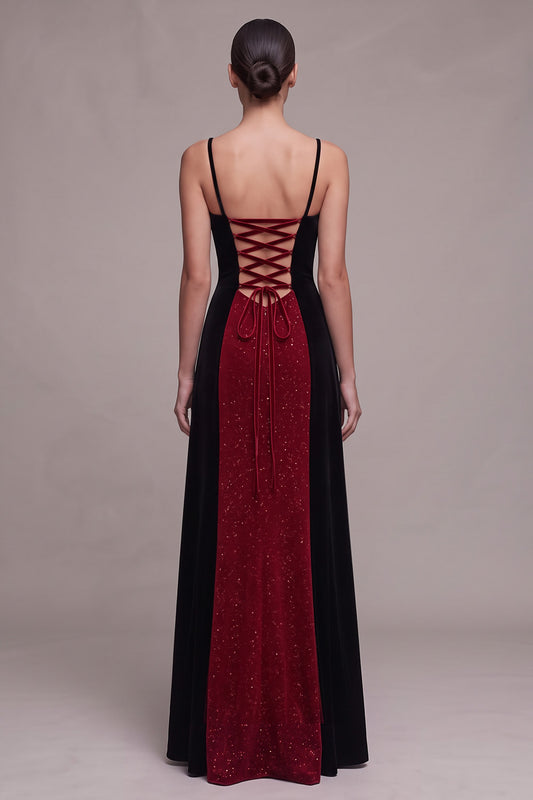 Red and Black Patchwork Glitter A-Line Long Velvet Holiday Party Dress