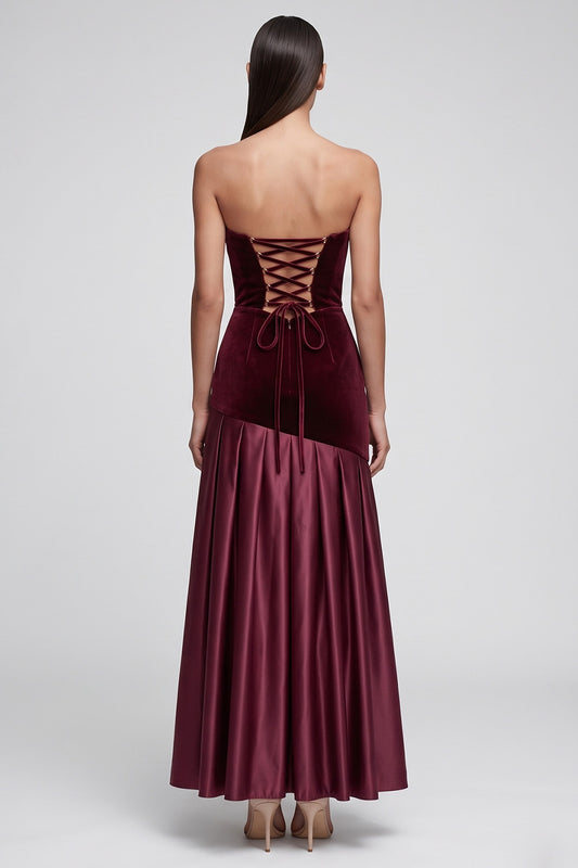 Burgundy Sweetheart Ruched Long Velvet Holiday Party Dress