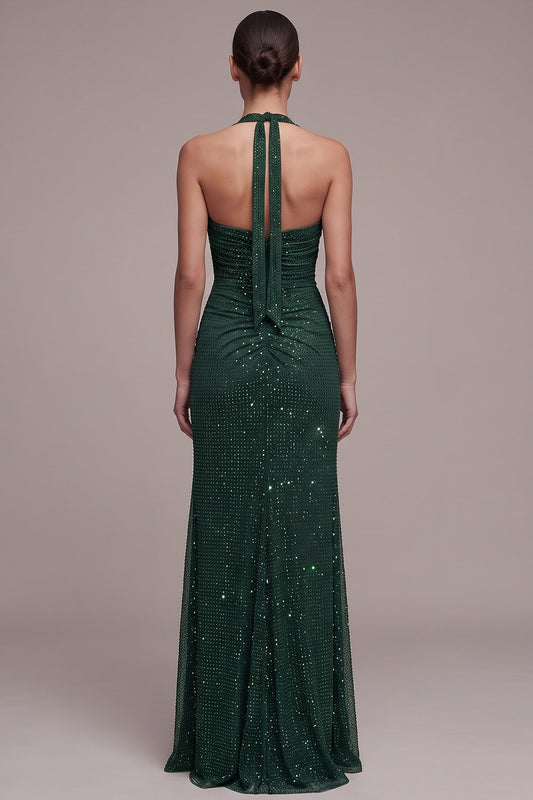 Sparkly Dark Green Sheath Halter Beaded Ruched Long Formal Dress with Slit