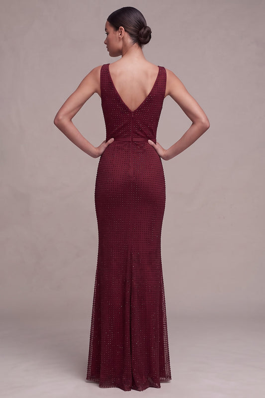 Sparkly Burgundy Beaded Mermaid Cowl Neck Long Formal Dress