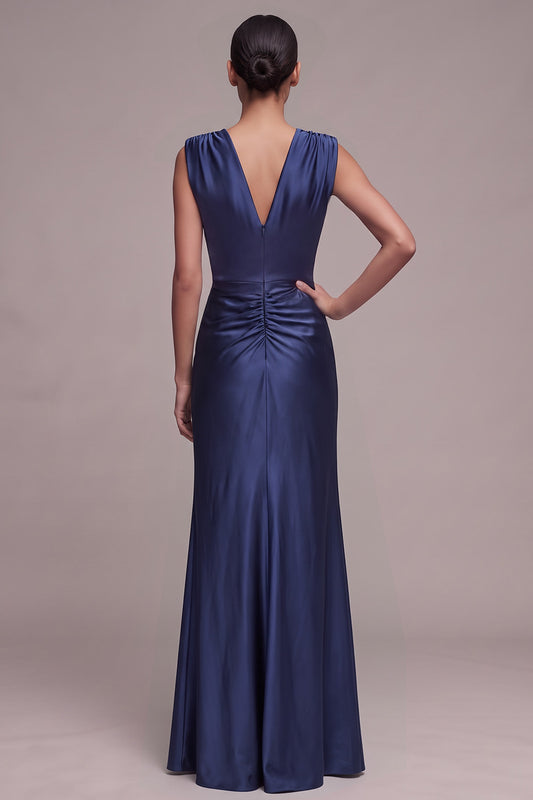 Navy Mermaid V-Neck Ruched Satin Long Formal Dress with Slit