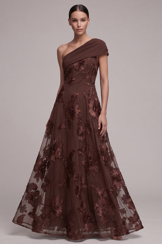 Coffee A-Line One Shoulder Floral Cap Sleeve Long Formal Dress