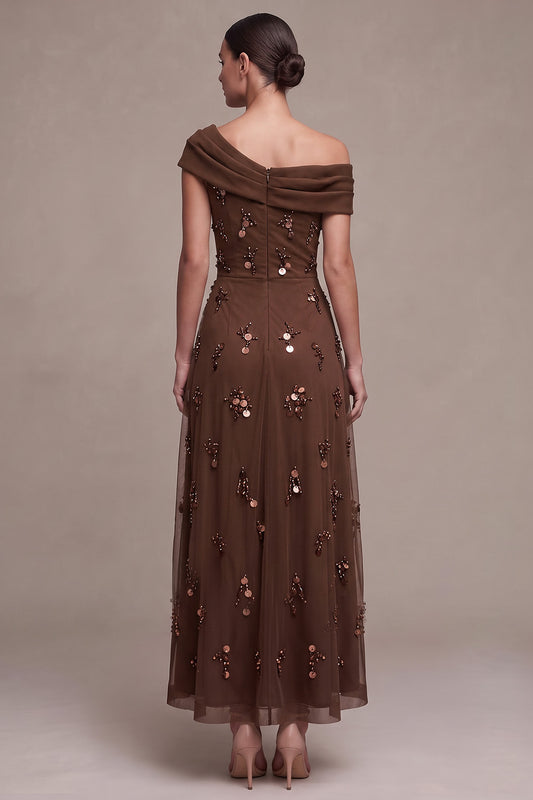 Sparkly Coffee A Line Beaded Ruched High-Low Formal Dress with 3D Flower