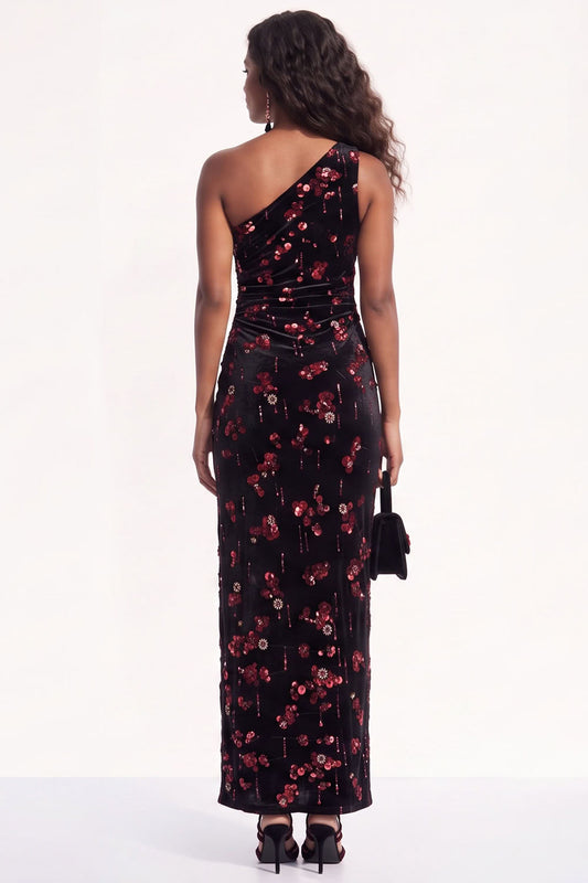 Burgundy Floral Sheath One Shoulder Ruched Long Holiday Dress with Sequins
