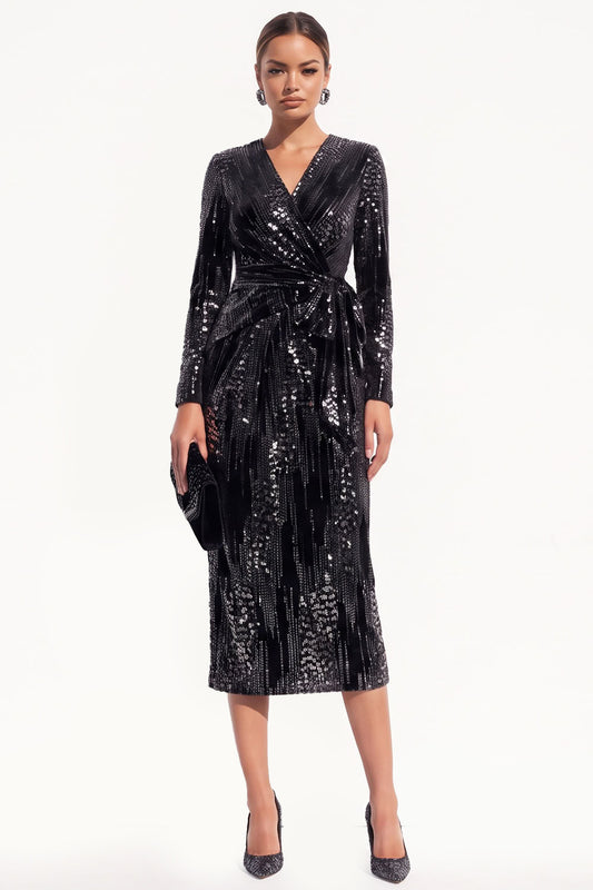 Sparkly Black Sequins Bodycon V-Neck Midi Work Dress with Sash