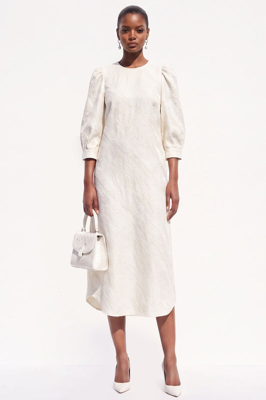 White Bodycon Round Neck Midi Work Dress with Sleeves