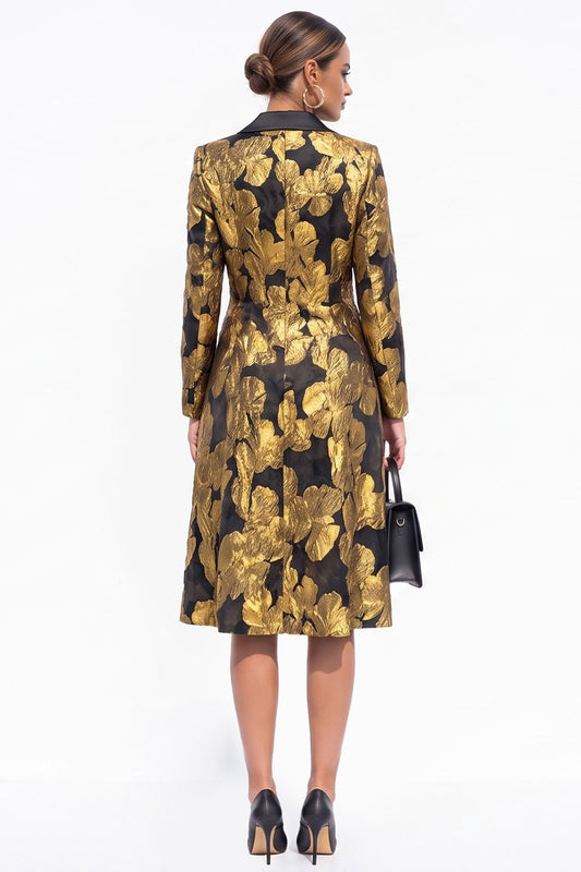 Golden Yellow Peak Lapel Jacquard Double Breasted Midi Blazer Dress