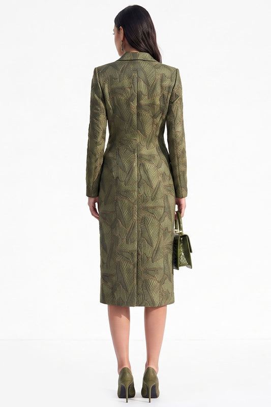 Army Green Bodycon Peak Lapel Jacquard Double Breasted Midi Blazer Dress