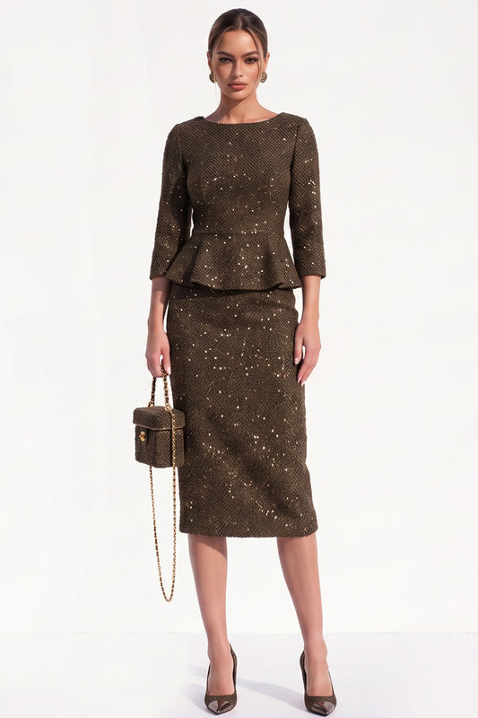 Glitter Brown Tweed Bodycon Ruffled Midi Work Dress with Sleeves