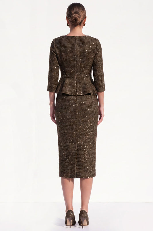 Glitter Brown Tweed Bodycon Ruffled Midi Work Dress with Sleeves