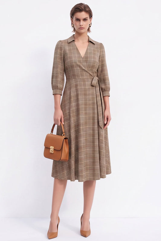 Coffee Plaid A-Line 3/4 Sleeves Midi Work Dress with Sash