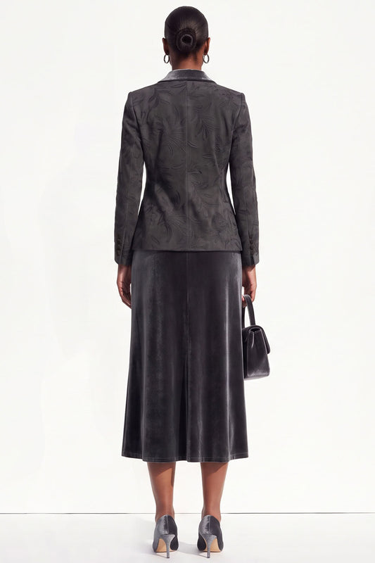 Black Grey 2-Piece Peak Lapel Midi Velvet Floral Work Dress