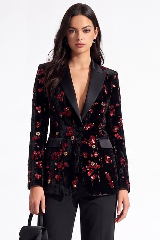 Sparkly Burgundy Sequins Peak Lapel Floral Women Prom Blazer