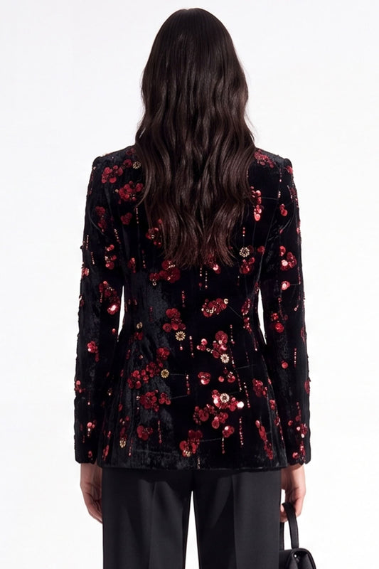Sparkly Burgundy Sequins Peak Lapel Floral Women Prom Blazer