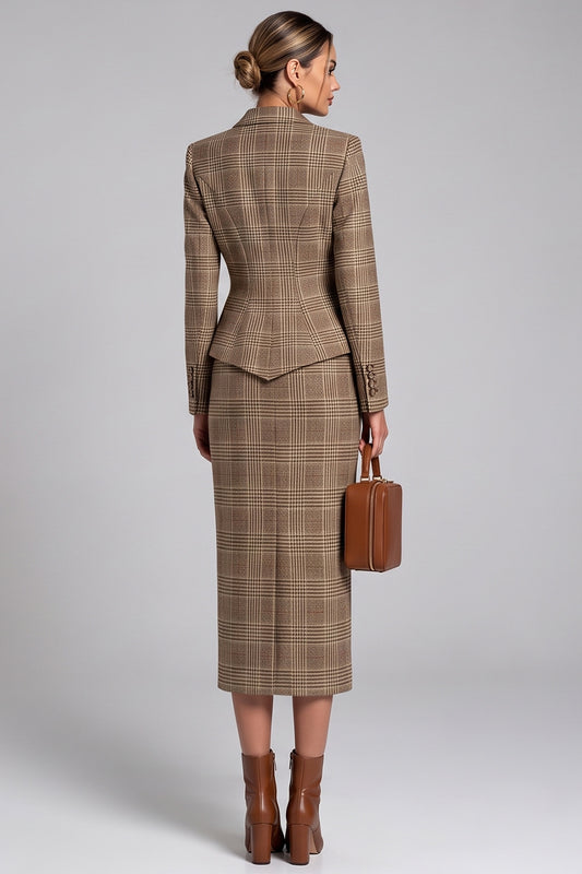 Brown Plaid Notched Lapel Bodycon 2 Piece Midi Work Dress