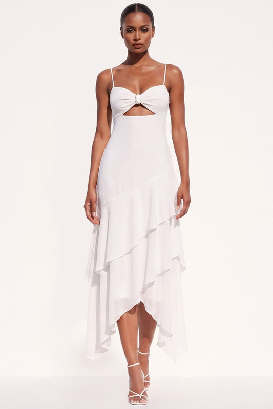 White Chiffon Keyhole Spaghetti Straps Tiered Asymmetrical Beach Wedding Dress