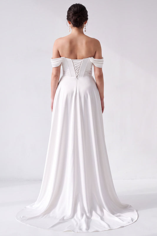 Off the Shoulder A-Line White Corset High-Low Wedding Dress