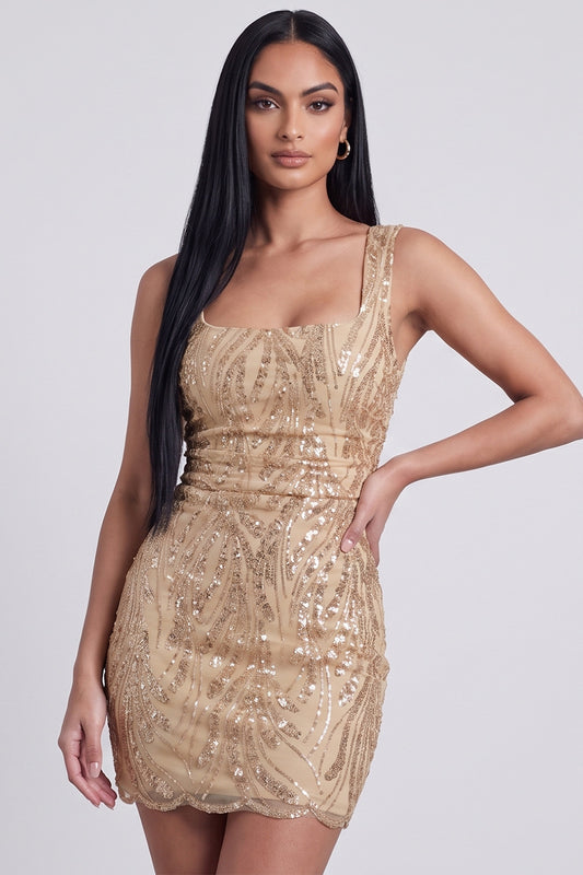 Sparkly Golden Tight Floral Short Cocktail Dress with Bow