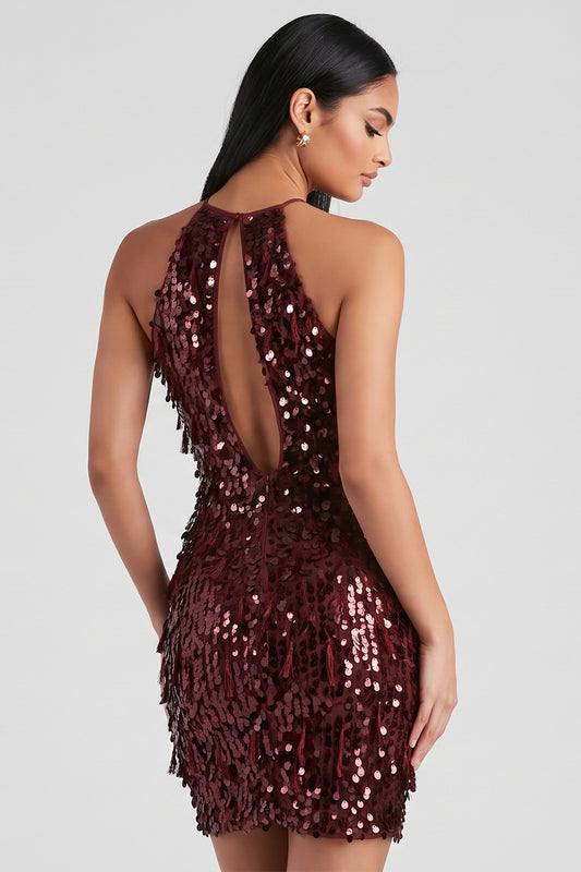 Sparkly Burgundy Sequins Halter Tight Short Cocktail Dress