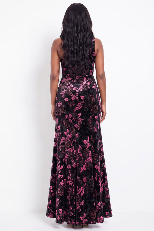 Black Pink Flower One Shoulder Mermaid Long Velvet Holiday Dress