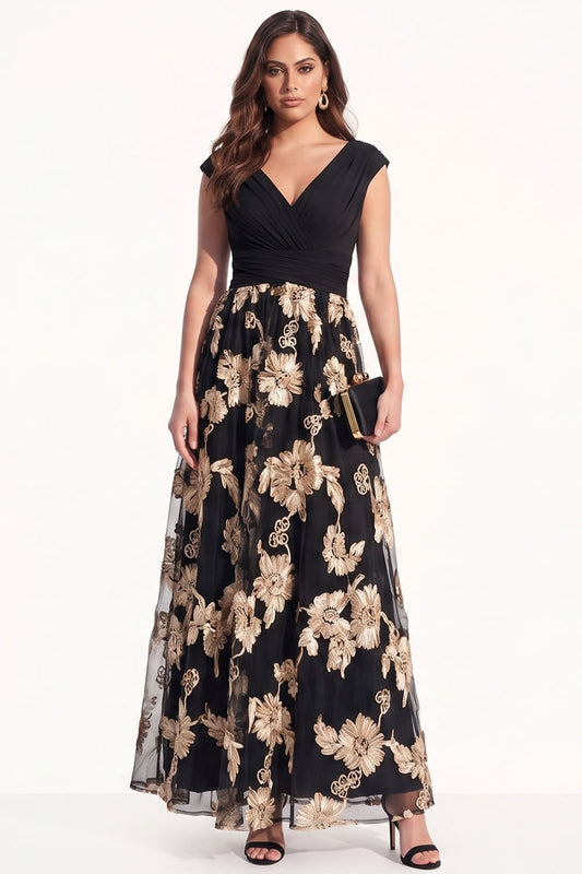 Black Champagne V-Neck Ruched Floral Long Formal Dress with Sleeves