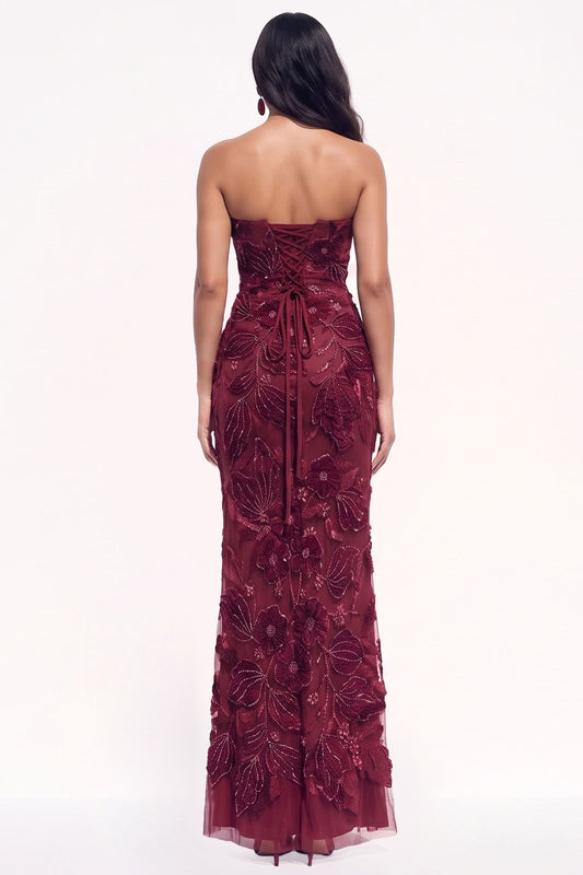 Burgundy Mermaid Floral Beaded Long Black Tie Dress with Slit