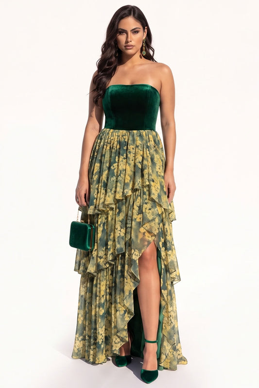Green Chiffon Strapless Ruffled Floral Tiered Long Black Tie Dress with Slit