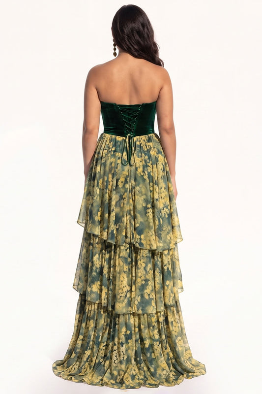 Green Chiffon Strapless Ruffled Floral Tiered Long Black Tie Dress with Slit