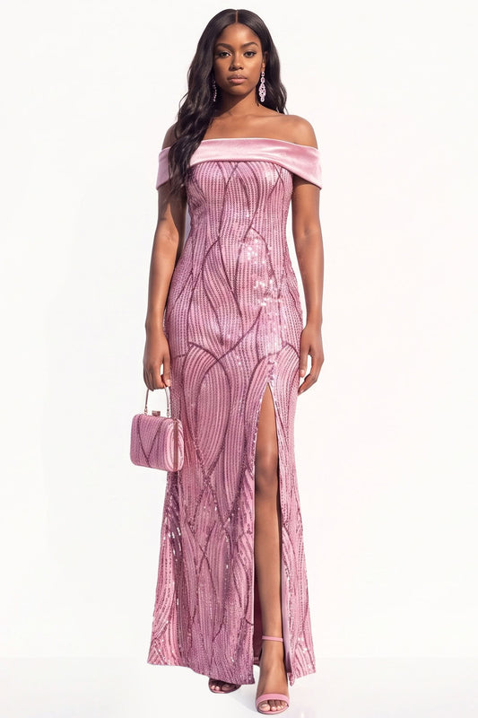 Sparkly Dusty Rose Mermaid Sequins Long Black Tie Dress with Slit