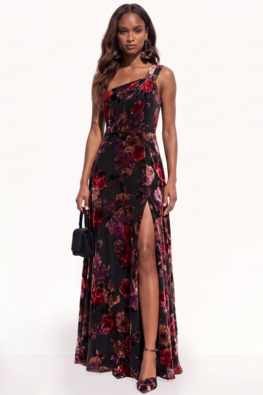 Black Pink Flower A-Line Long Velvet Holiday Dress with Slit