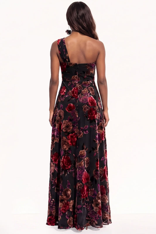 Black Pink Flower A-Line Long Velvet Holiday Dress with Slit