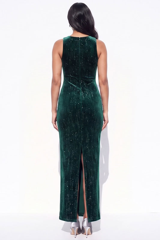 Sparkly Dark Green Sheath Long Velvet Holiday Dress with Slit