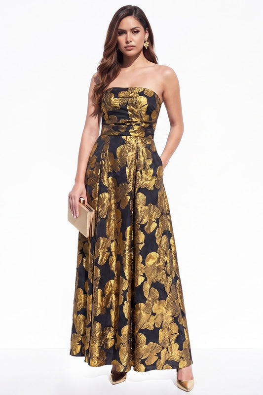 Golden A-Line Strapless Jacquard Long Black Tie Dress with Pocket