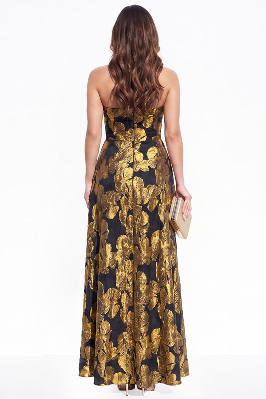 Golden A-Line Strapless Jacquard Long Black Tie Dress with Pocket