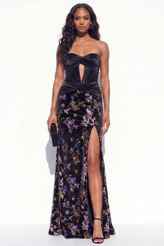 Black Purple Flower Corset Keyhole Mermaid Long Velvet Holiday Dress with Slit