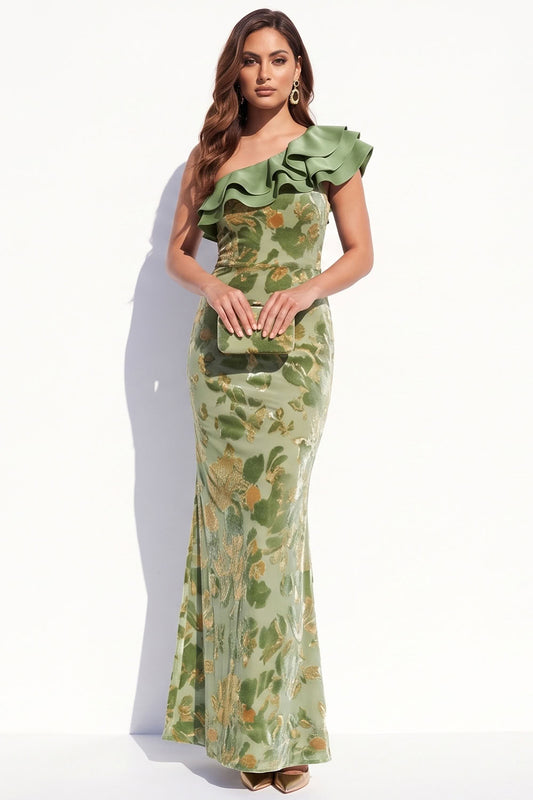Sage Mermaid Tiered Ruffled Floral Long Velvet Holiday Dress with Slit