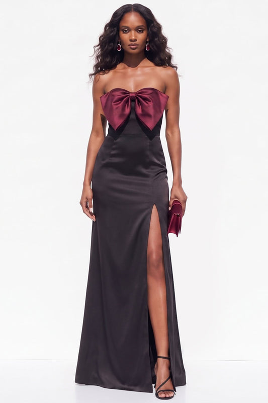 Burgundy Mermaid Strapless Satin Long Black Tie Dress with Slit